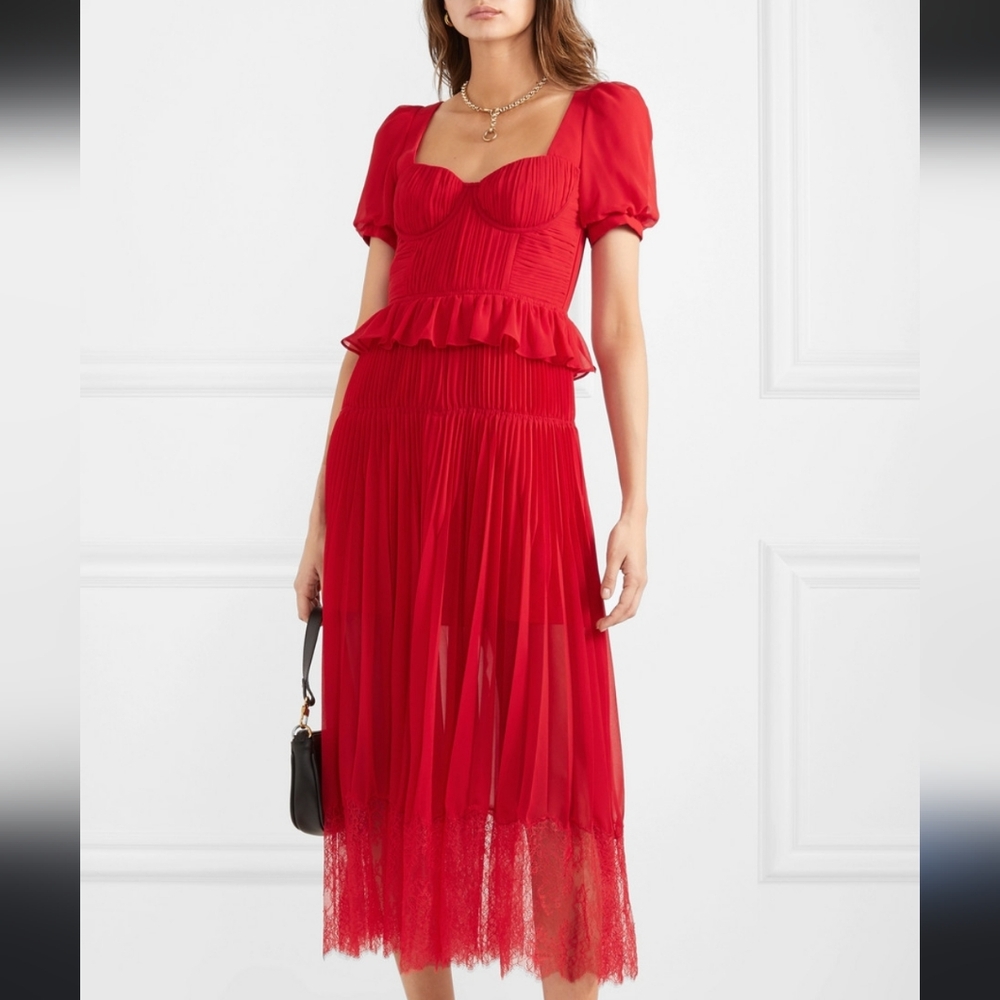 Self-Portrait Red Chiffon Pleated Dress